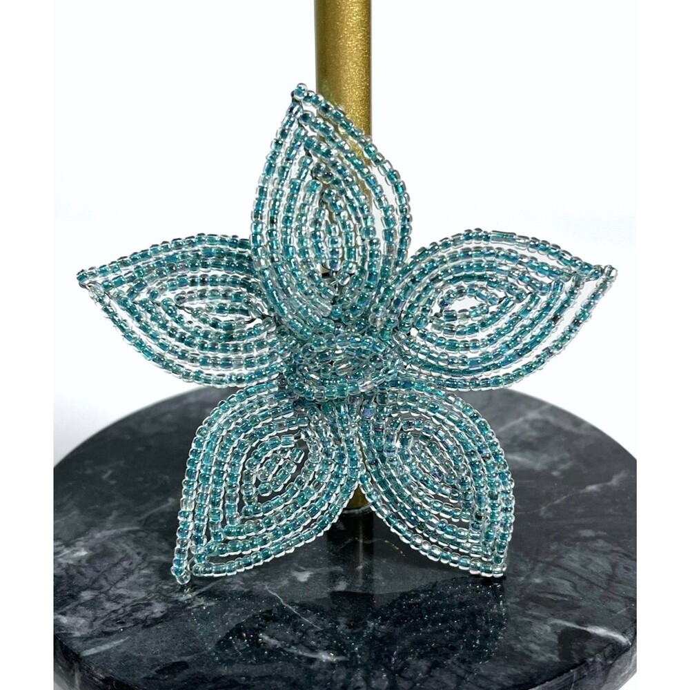 French Beaded Flower Star Brooch Blue Glass Seed Bead Oversized Pin 3"
